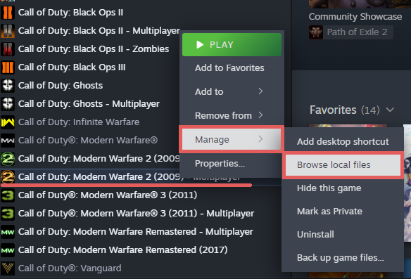 Steam game right-click context menu
